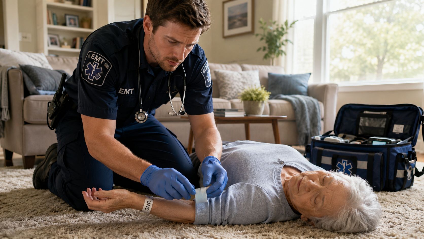 An emergency medical technician examines an elderly woman wearing a DNR bracelet while kneeling on a carpet.