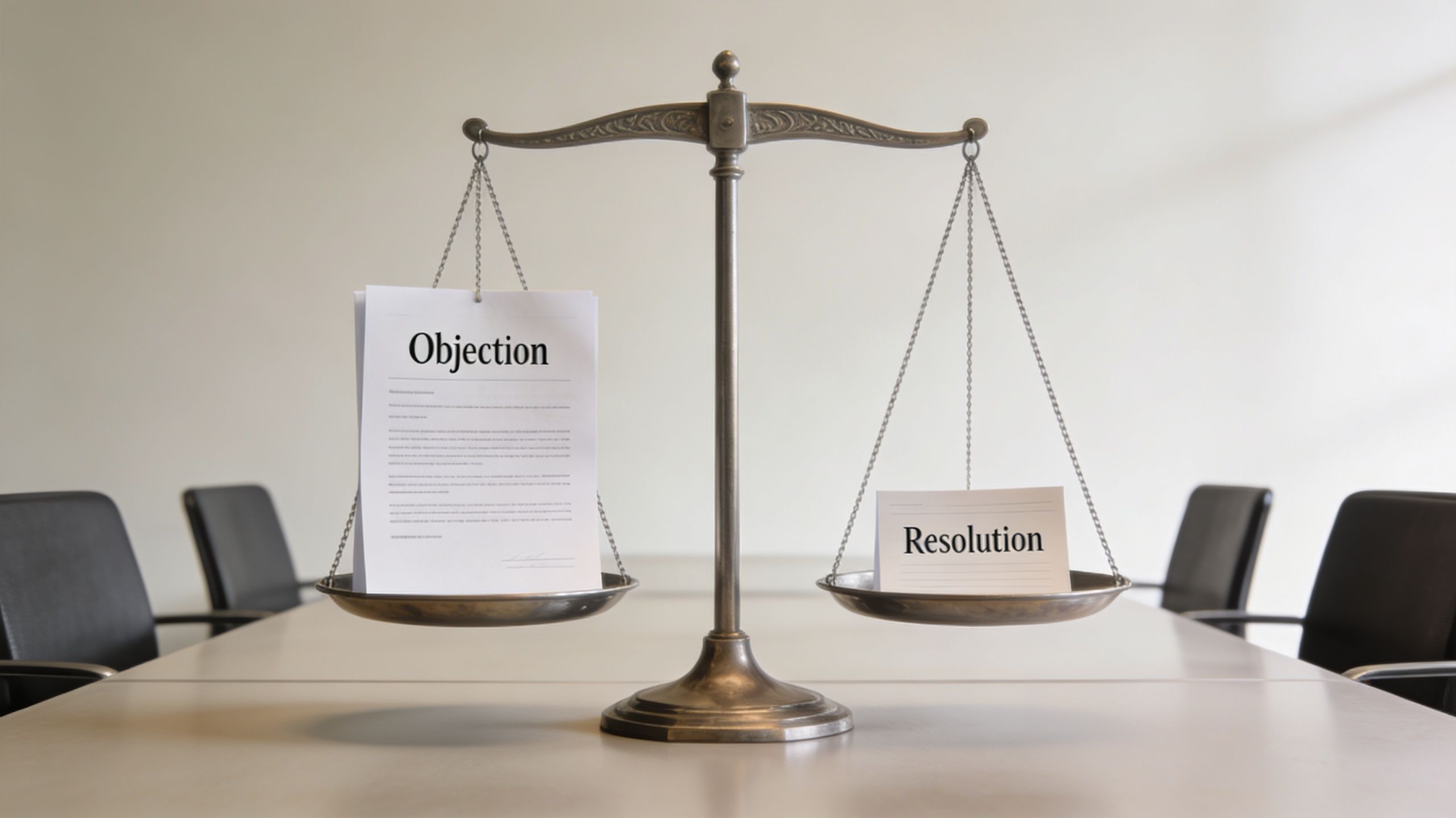 A conceptual image of legal scales of justice balancing a document labeled Objection and a card labeled Resolution.