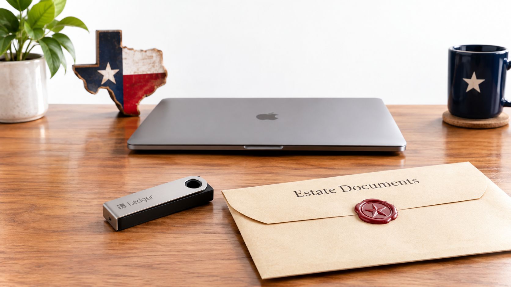 A Ledger hardware wallet sits on a wooden desk next to an estate documents envelope in Texas.