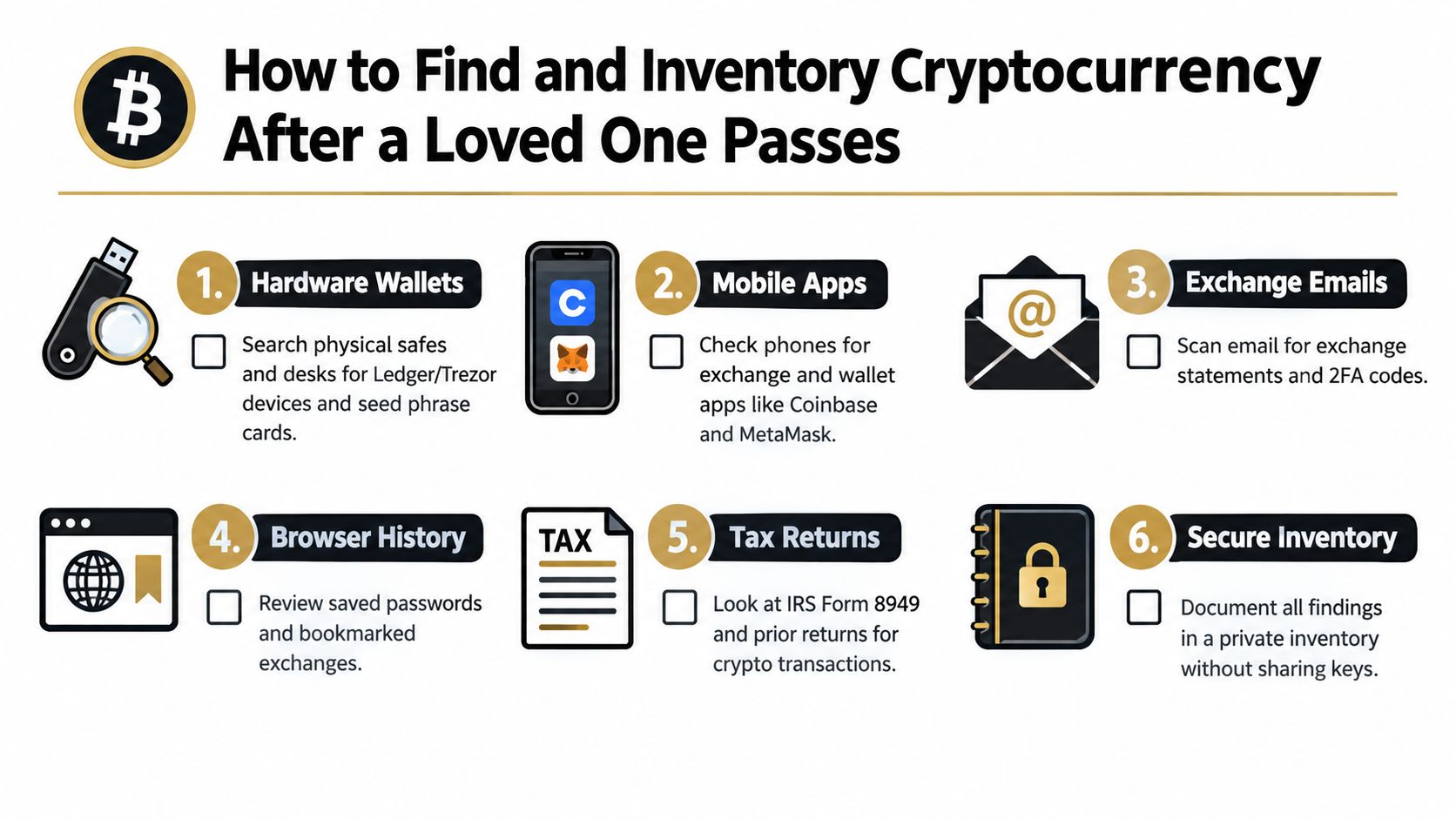An infographic detailing six steps to locate and inventory cryptocurrency assets after a family member passes away.