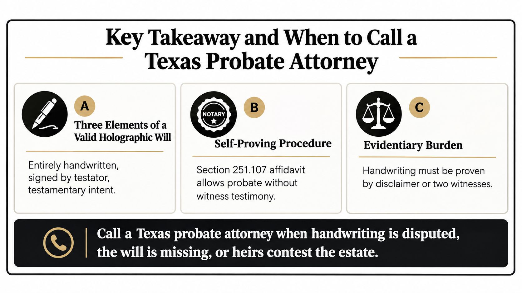 An infographic summarizing requirements for a Texas holographic will, self-proving procedures, and when to consult an attorney.