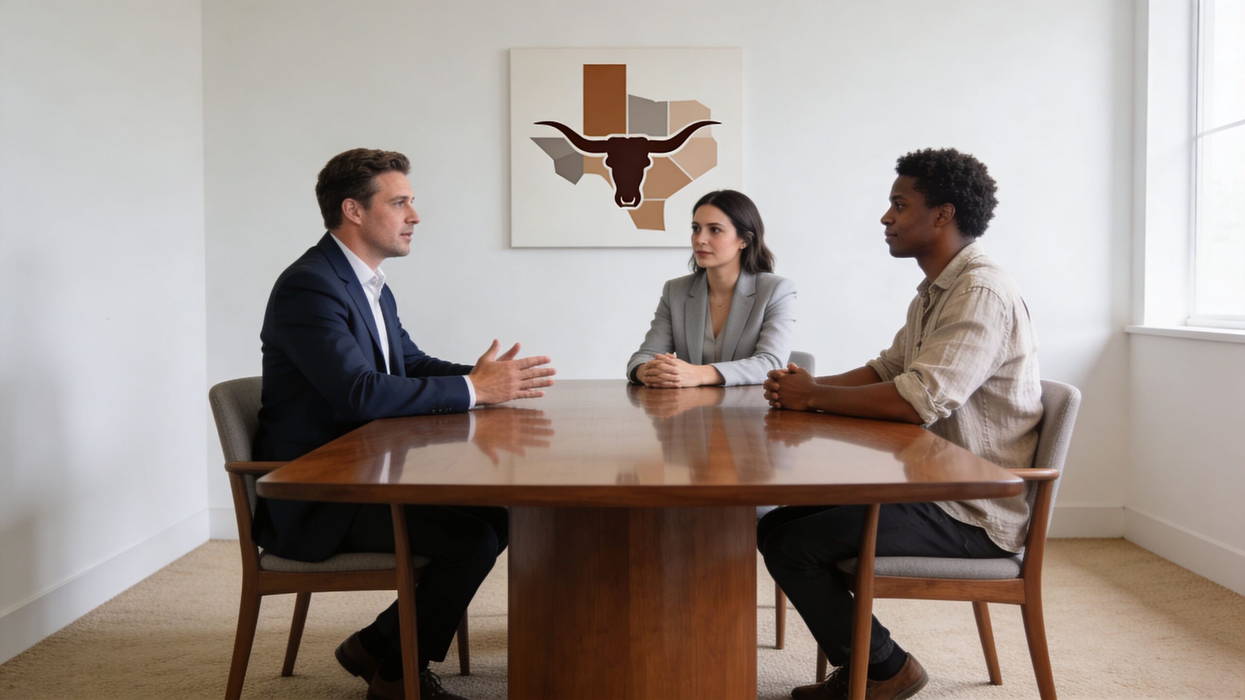 A professional meeting between three people at a wooden table in a brightly lit office space.