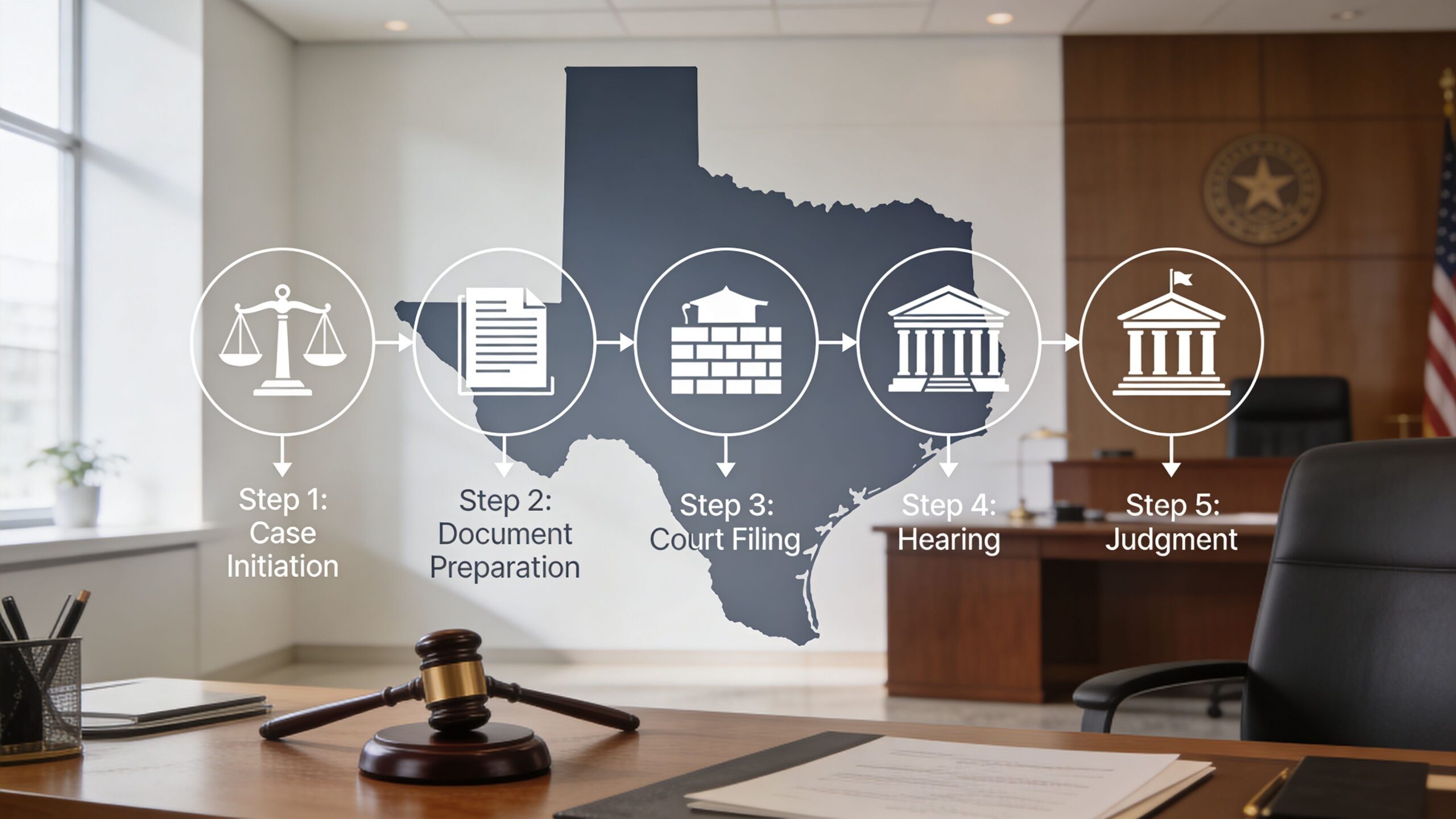 A courtroom background with an overlaid five-step process graphic showing Texas legal proceedings from initiation to judgment.