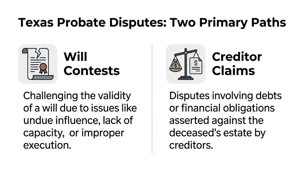 An infographic showing two primary paths for Texas probate disputes: Will Contests and Creditor Claims.