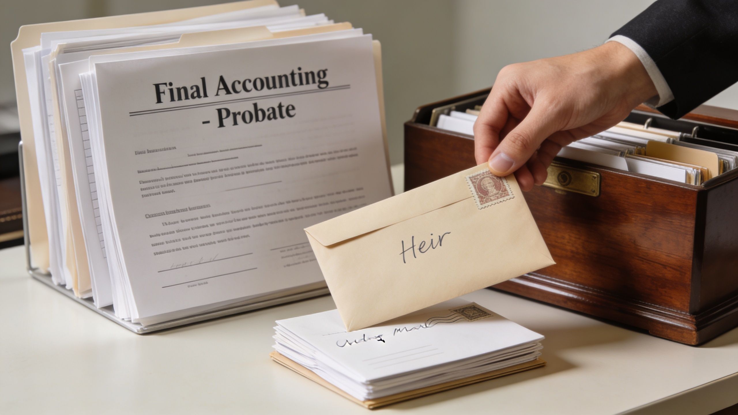 A professional hand holding an envelope marked Heir over stacks of legal probate documents on a desk.