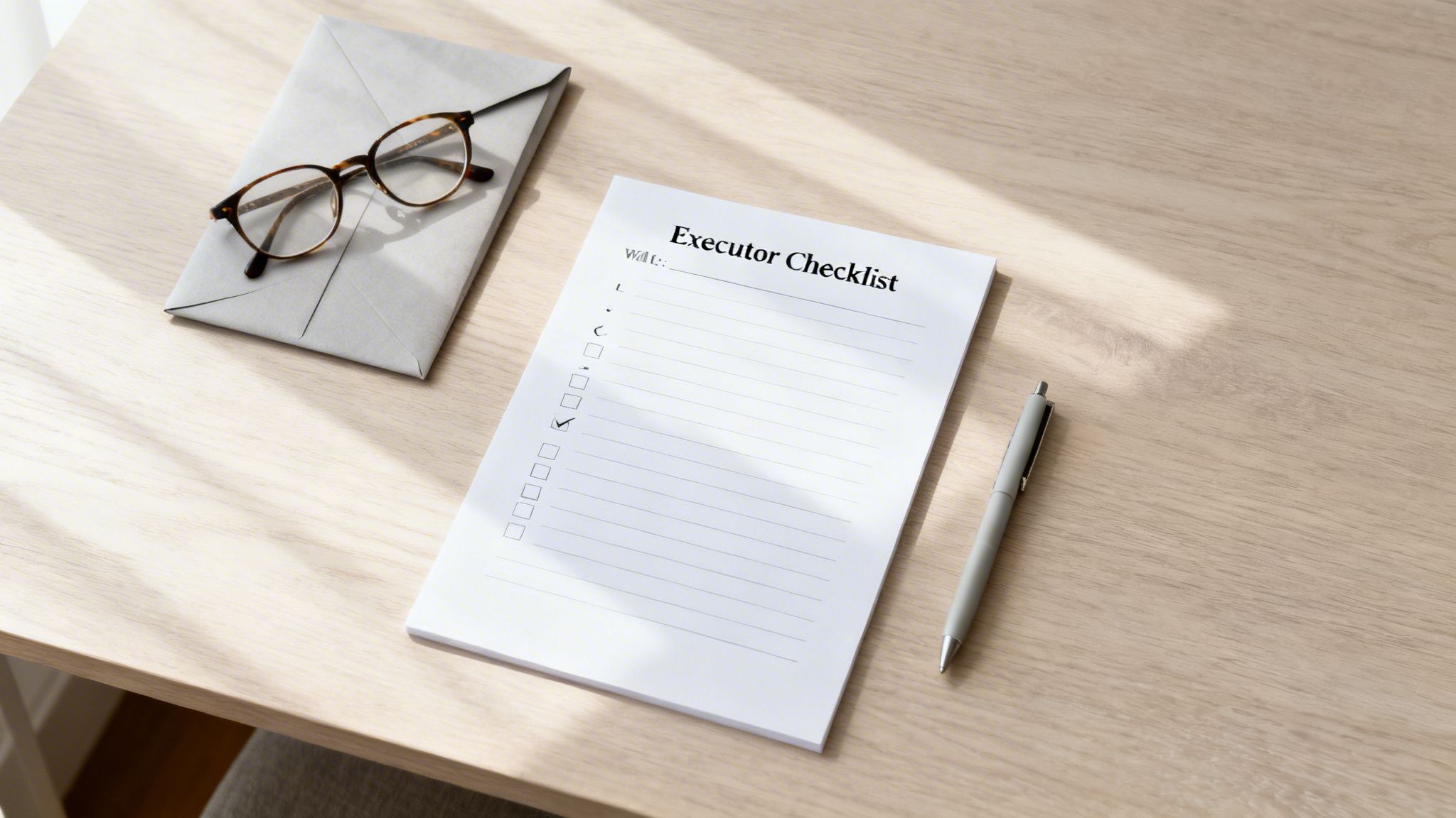 An Executor Checklist pad, pen, envelope, and reading glasses on a bright wooden desk.