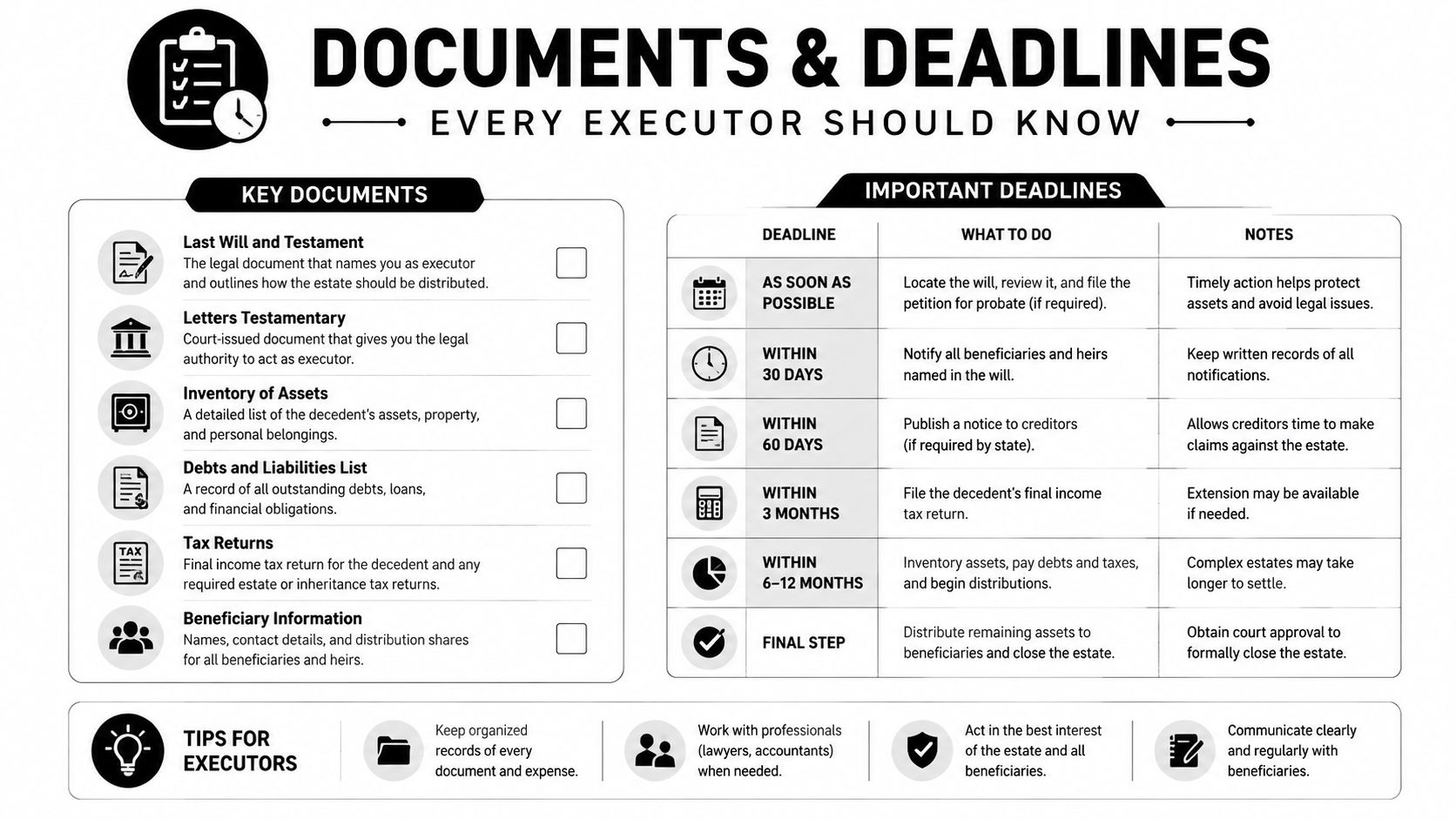 An infographic titled Documents and Deadlines Every Executor Should Know, outlining essential legal tasks and timelines for executors.