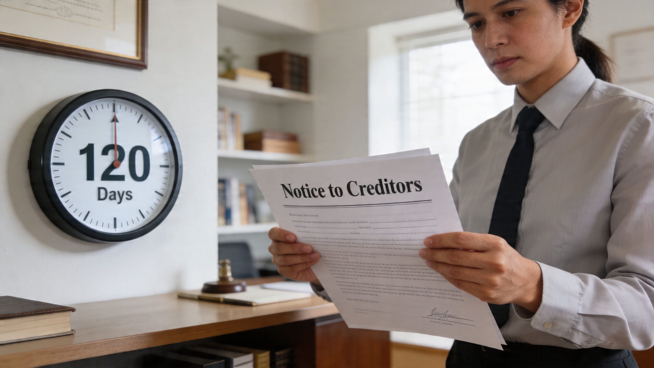 A professional man in a dress shirt holds a Notice to Creditors document near a clock.