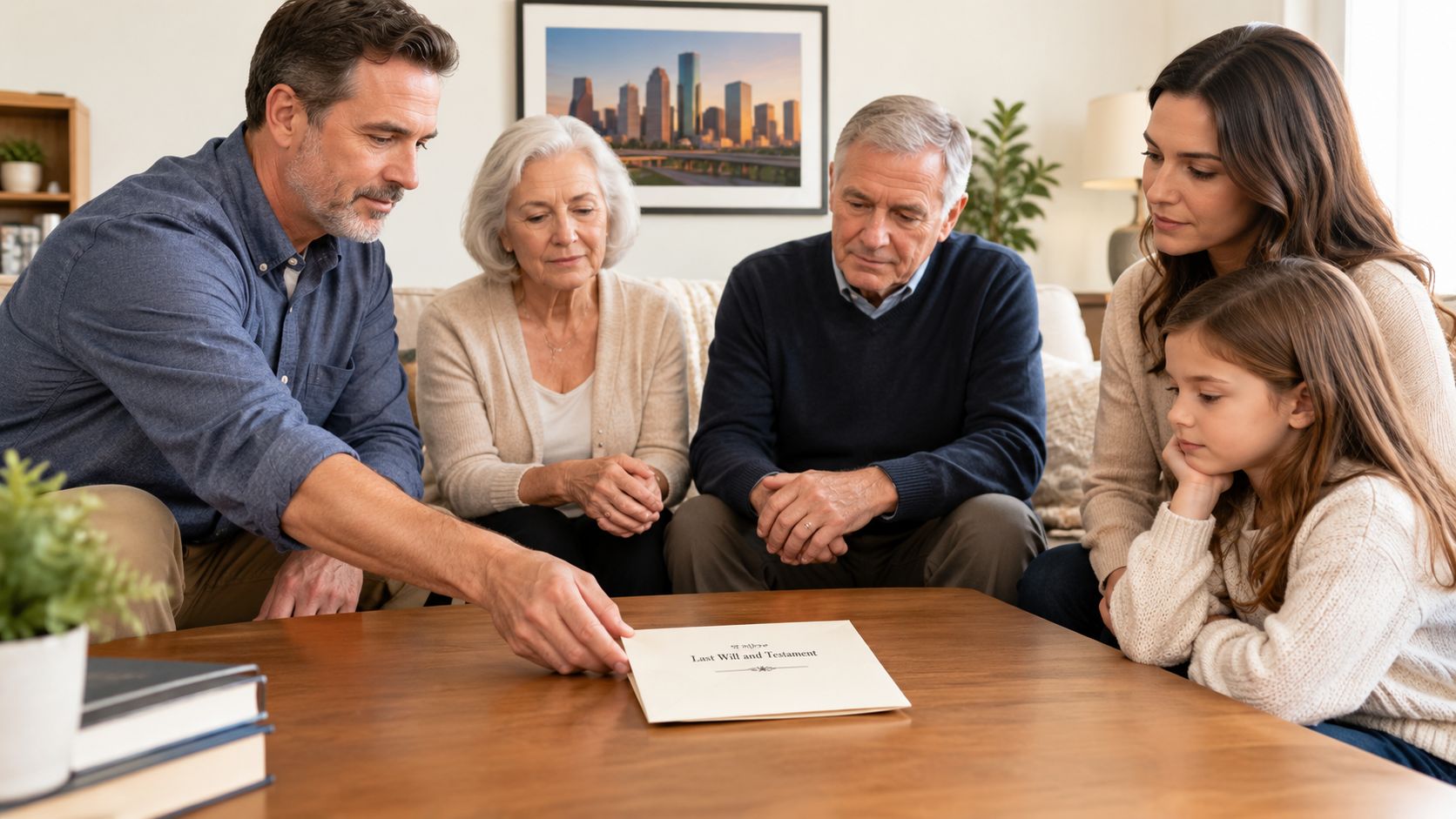 A family sits together around a coffee table, looking thoughtfully at a Last Will and Testament document.