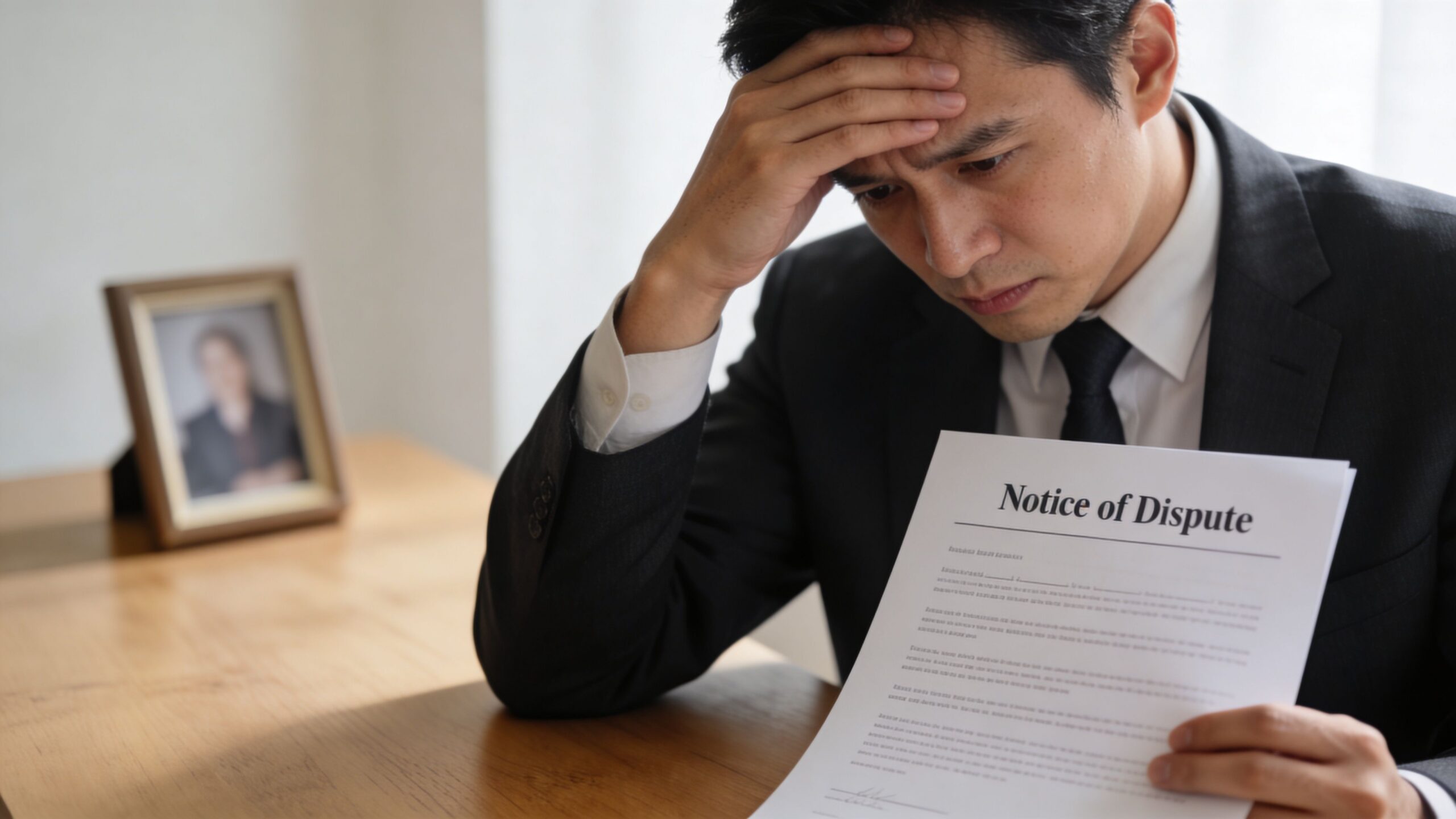 A distressed businessman in a suit holds a legal Notice of Dispute document while sitting at a desk.