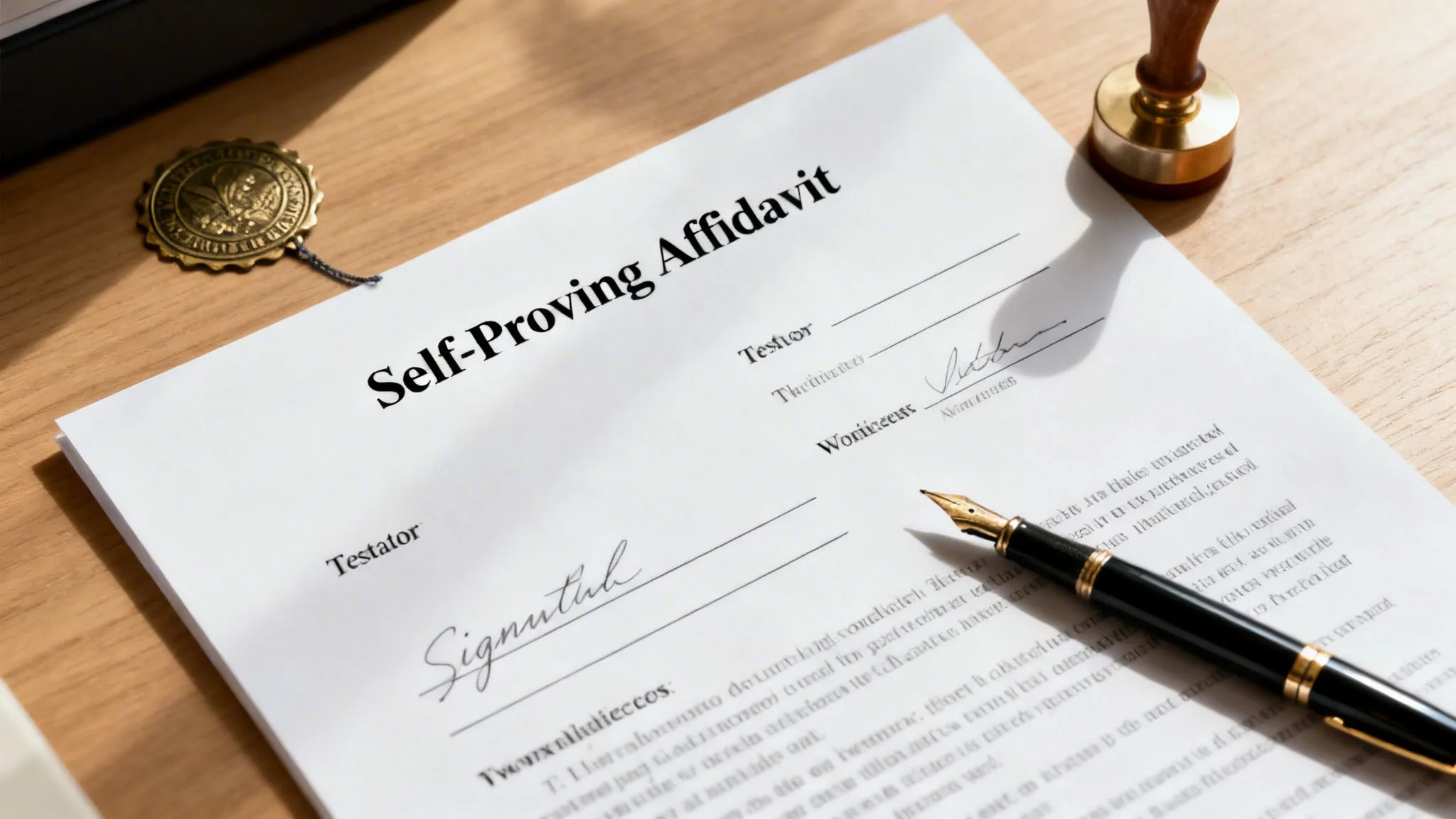 Self-Proving Affidavit document with signatures, a pen, and a notary seal on a wooden desk.