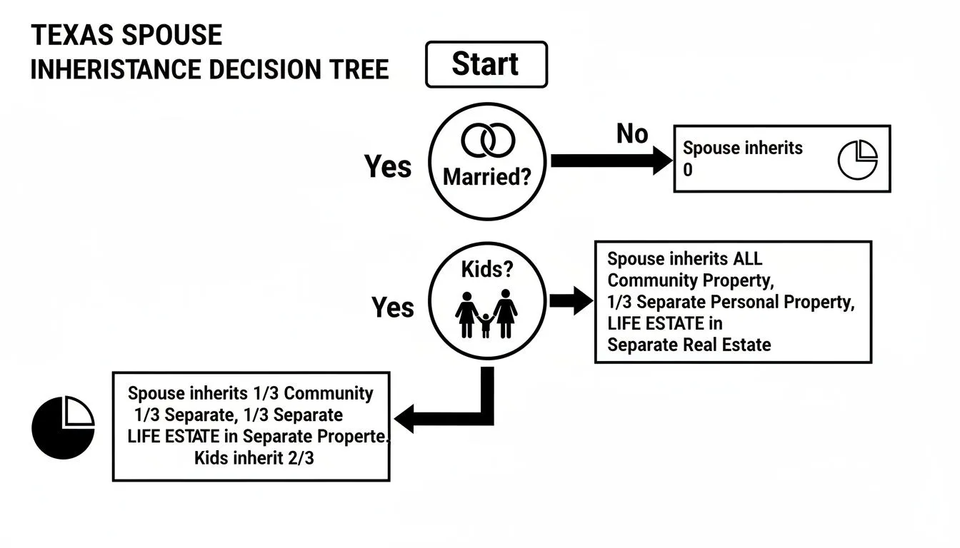 Flowchart detailing Texas spouse inheritance rules based on marriage and children.