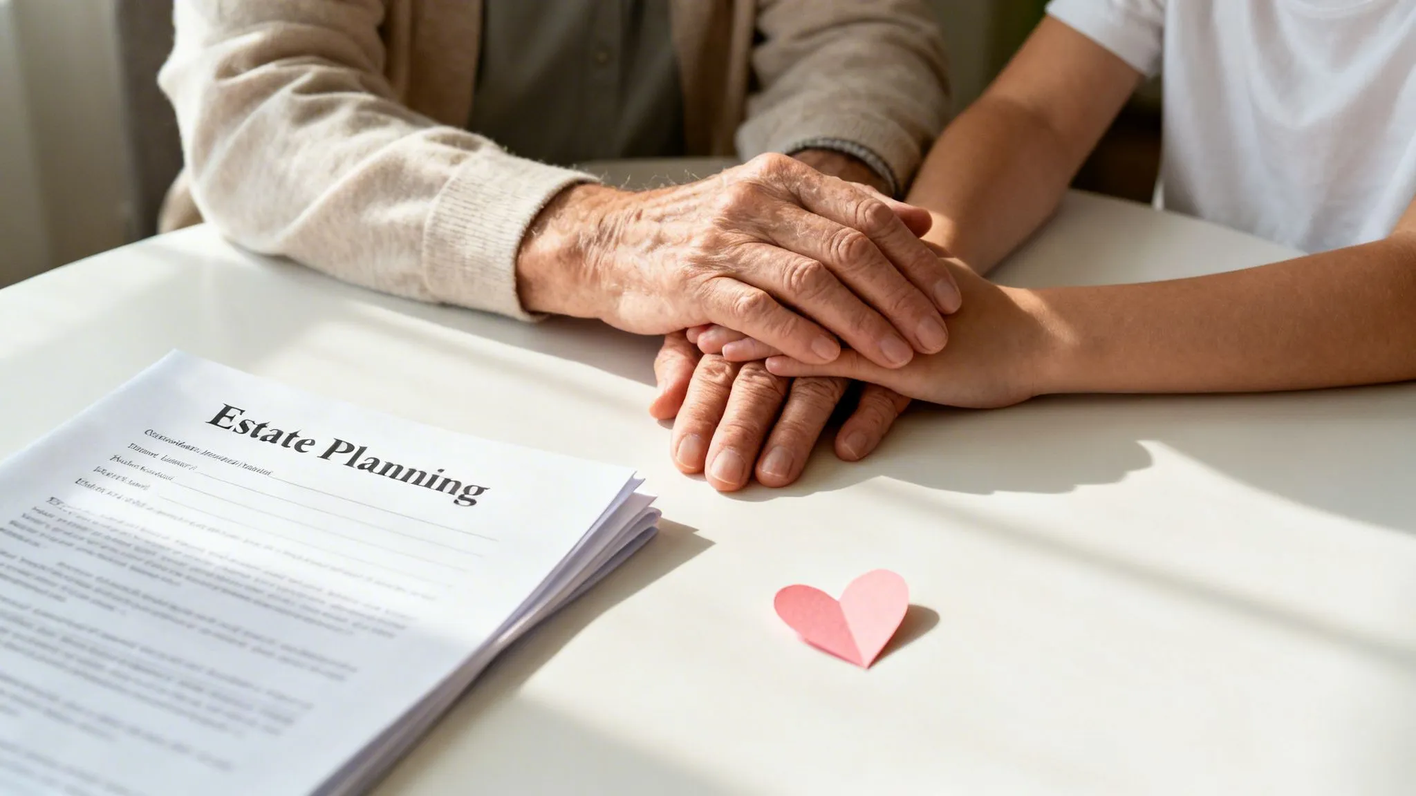 Elderly and young hands clasped over an 'Estate Planning' document with a pink heart, symbolizing family care.