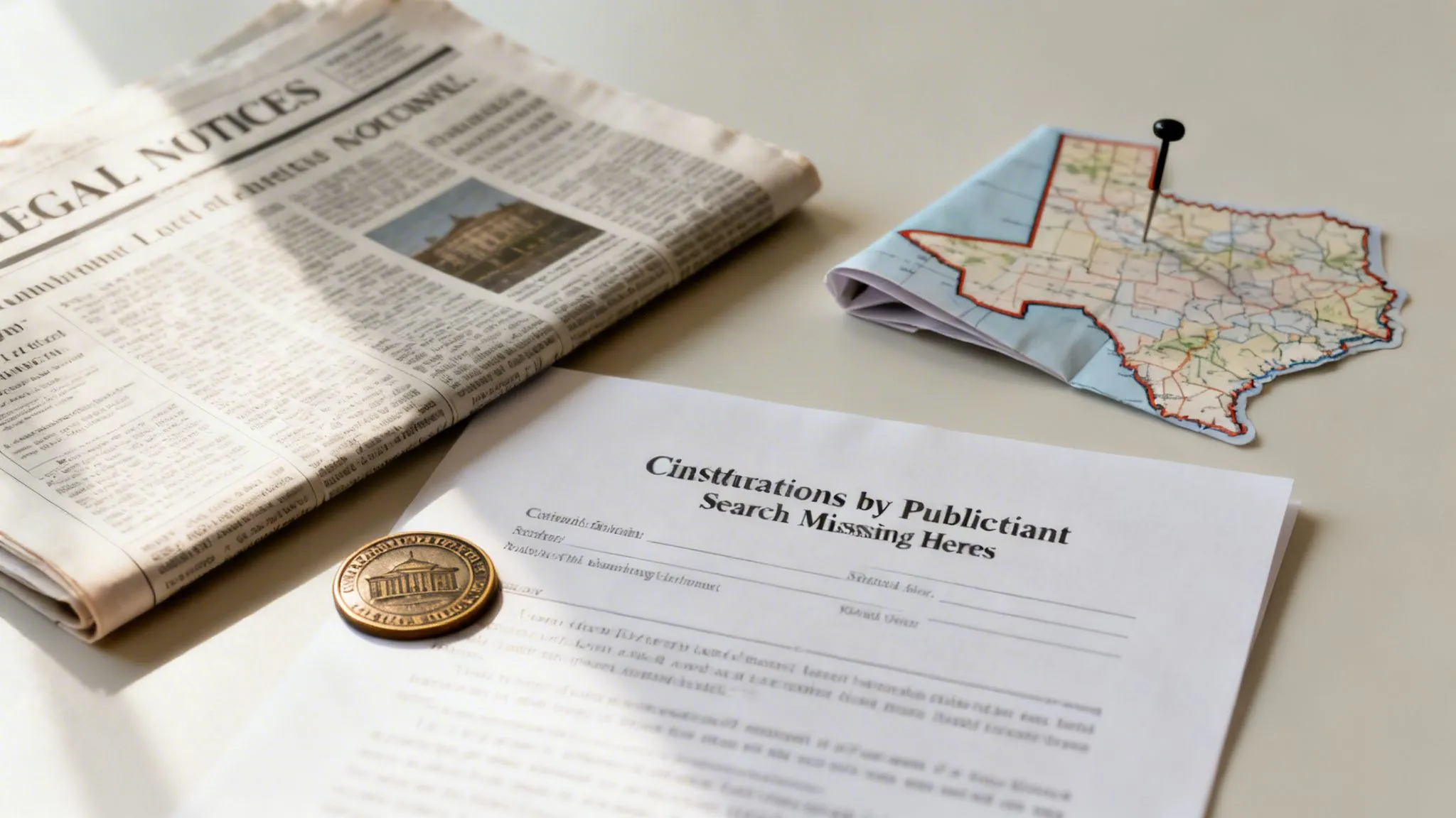 A newspaper with legal notices, a document, a map of Texas, and a gold seal on a desk.