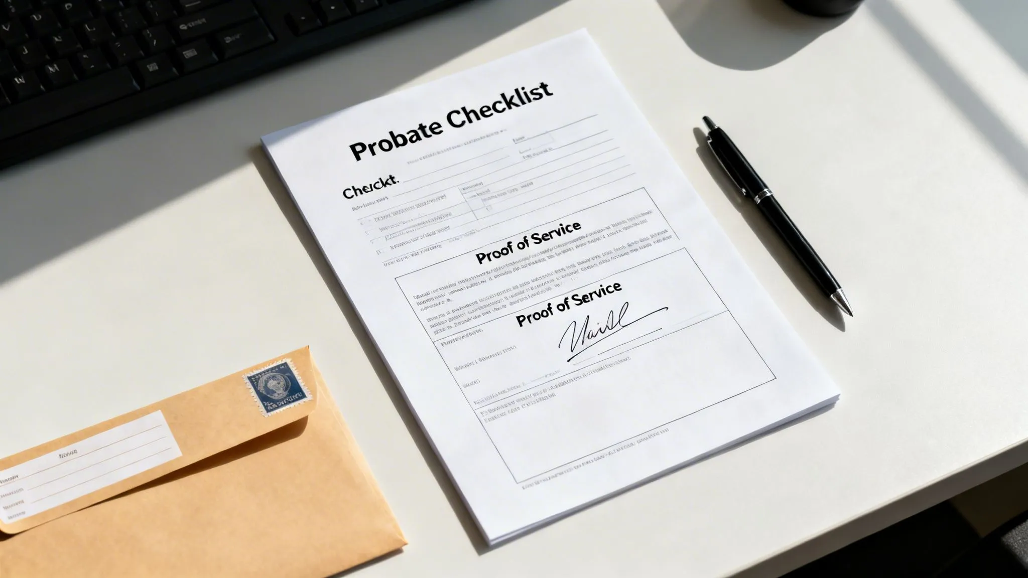 A probate checklist document with a signature, a black pen, and a brown envelope on a white desk.
