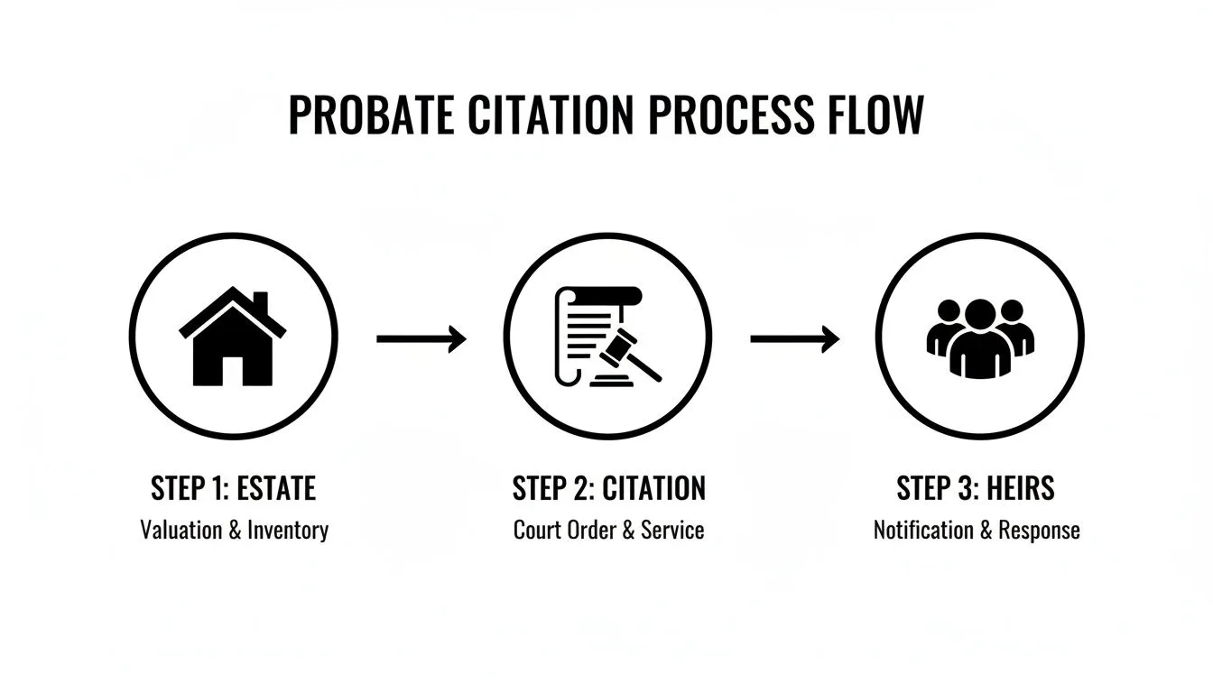 Probate citation process flow diagram illustrating three sequential steps: estate, citation, and heirs.