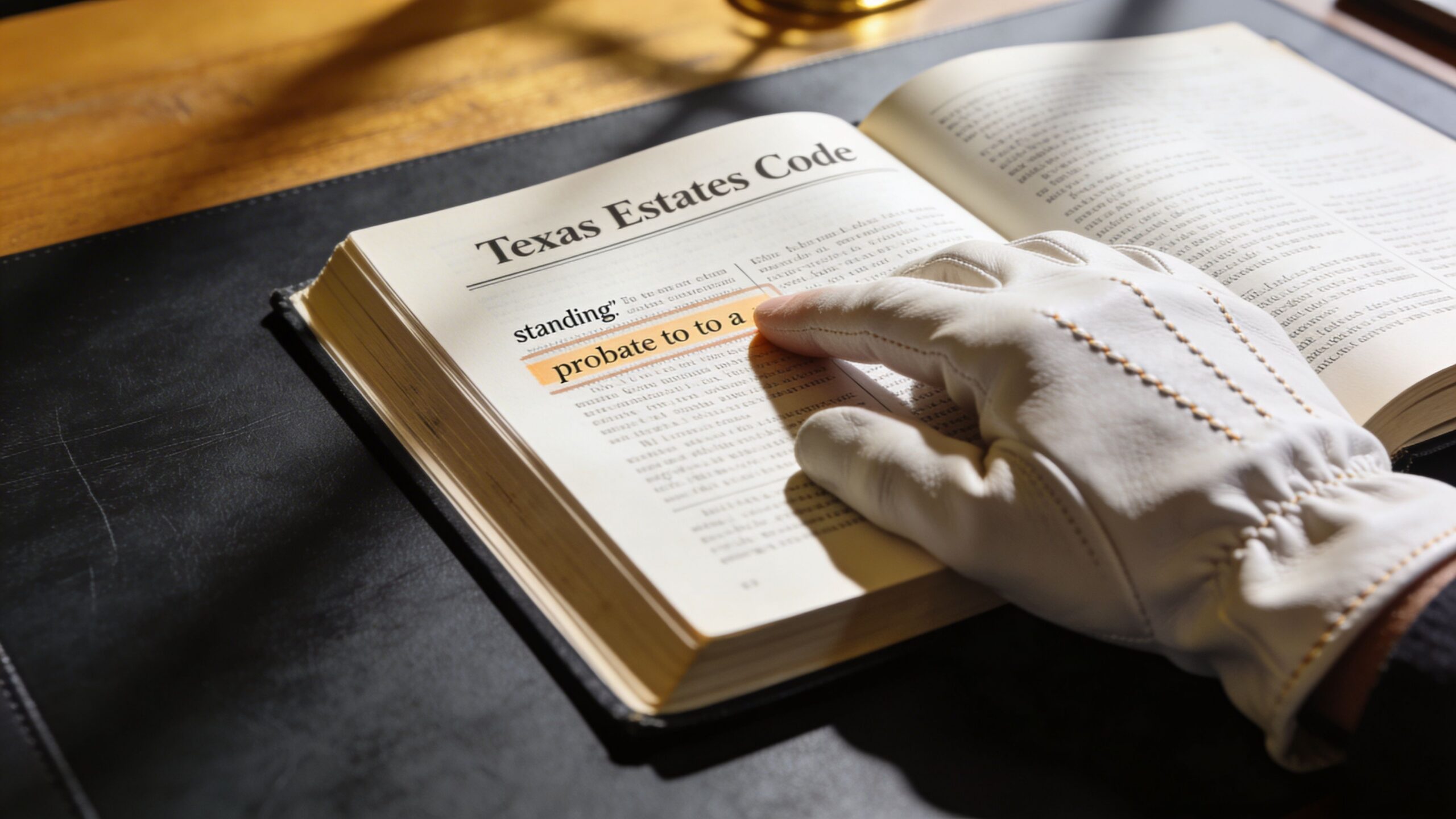 A person wearing a white glove pointing at the Texas Estates Code book.