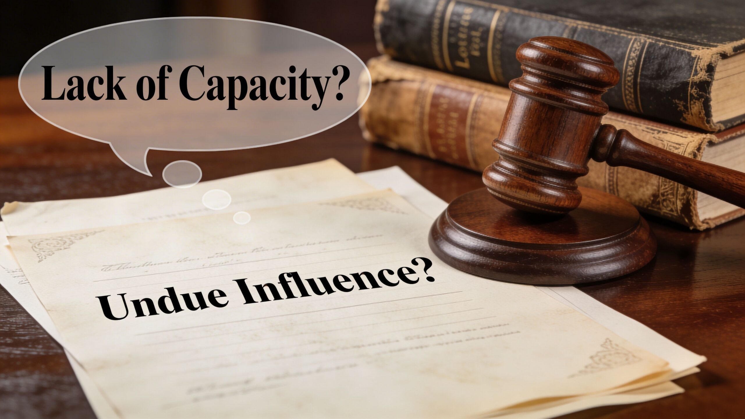 A wooden gavel resting on legal documents next to old books, raising questions about probate capacity.