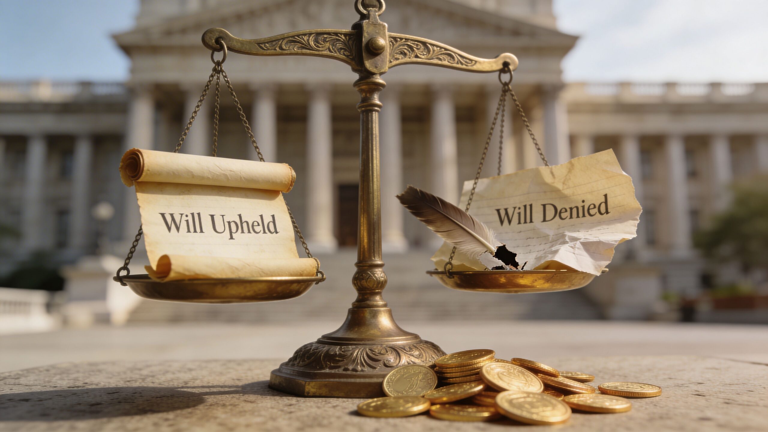 A golden scale of justice features a scroll saying Will Upheld and a torn paper saying Will Denied.