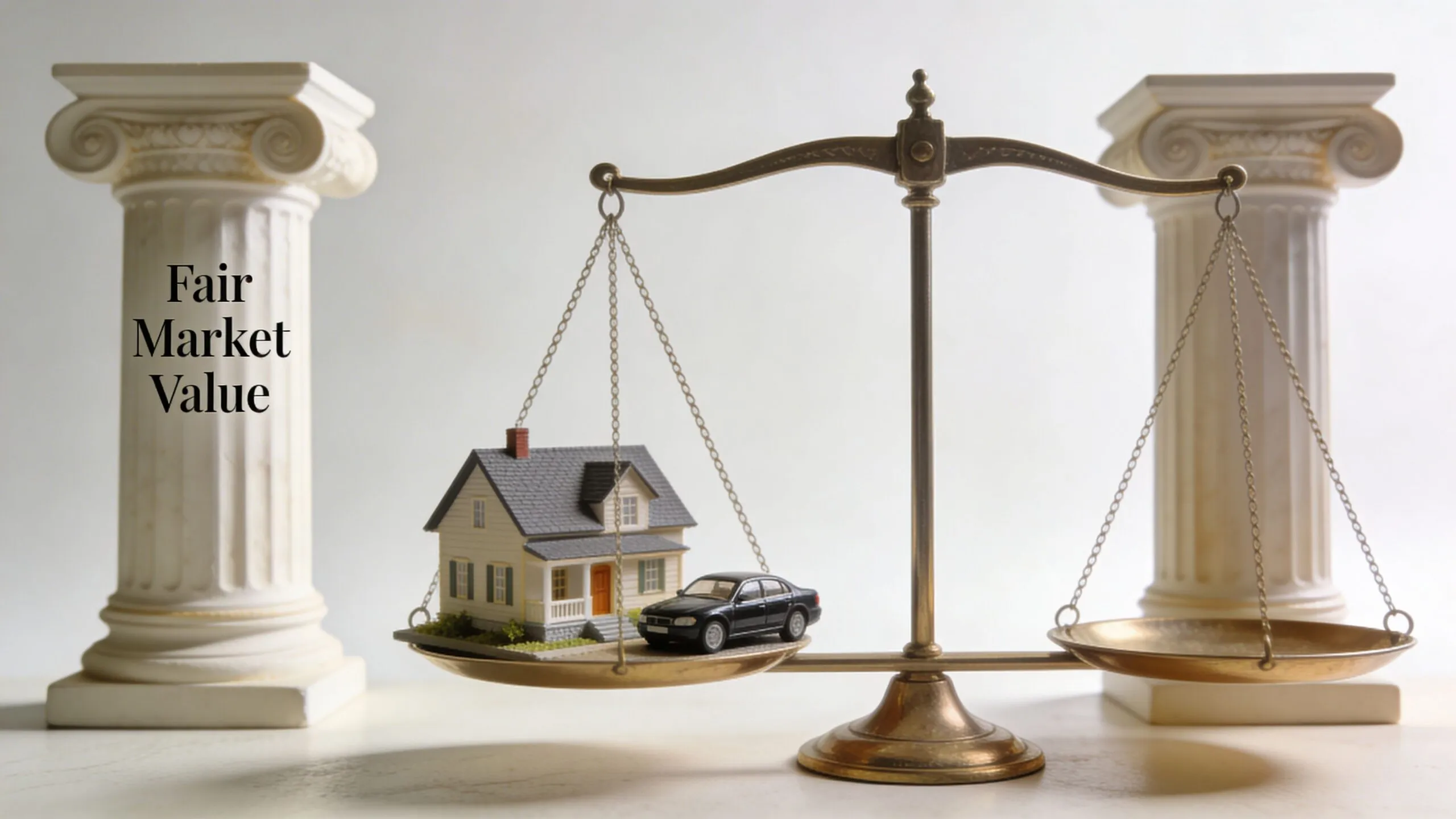 A house model and a car model placed on one side of a balance scale representing assets.