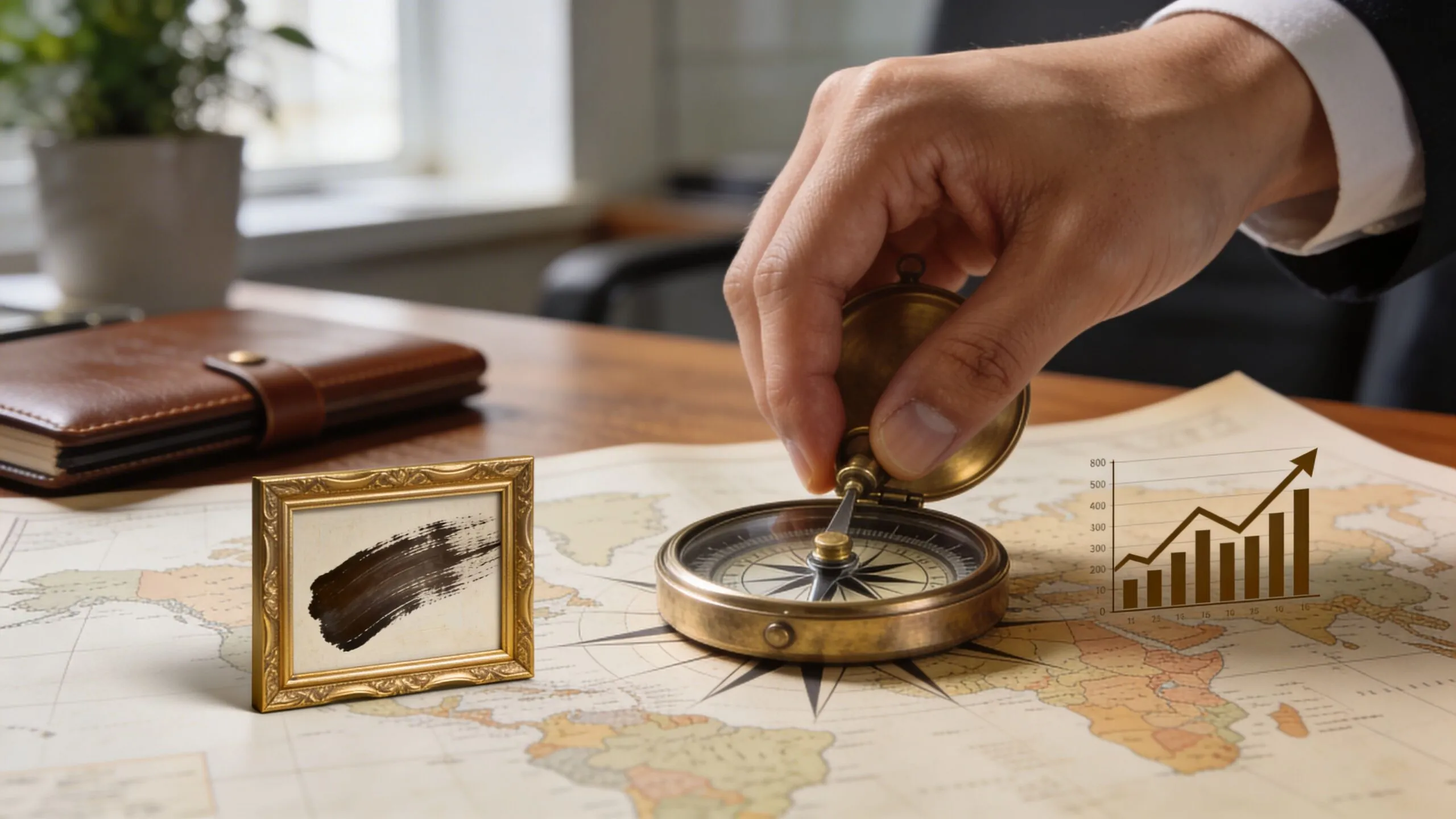 A businessman's hand placing a vintage compass on a map with a financial growth chart overlay.