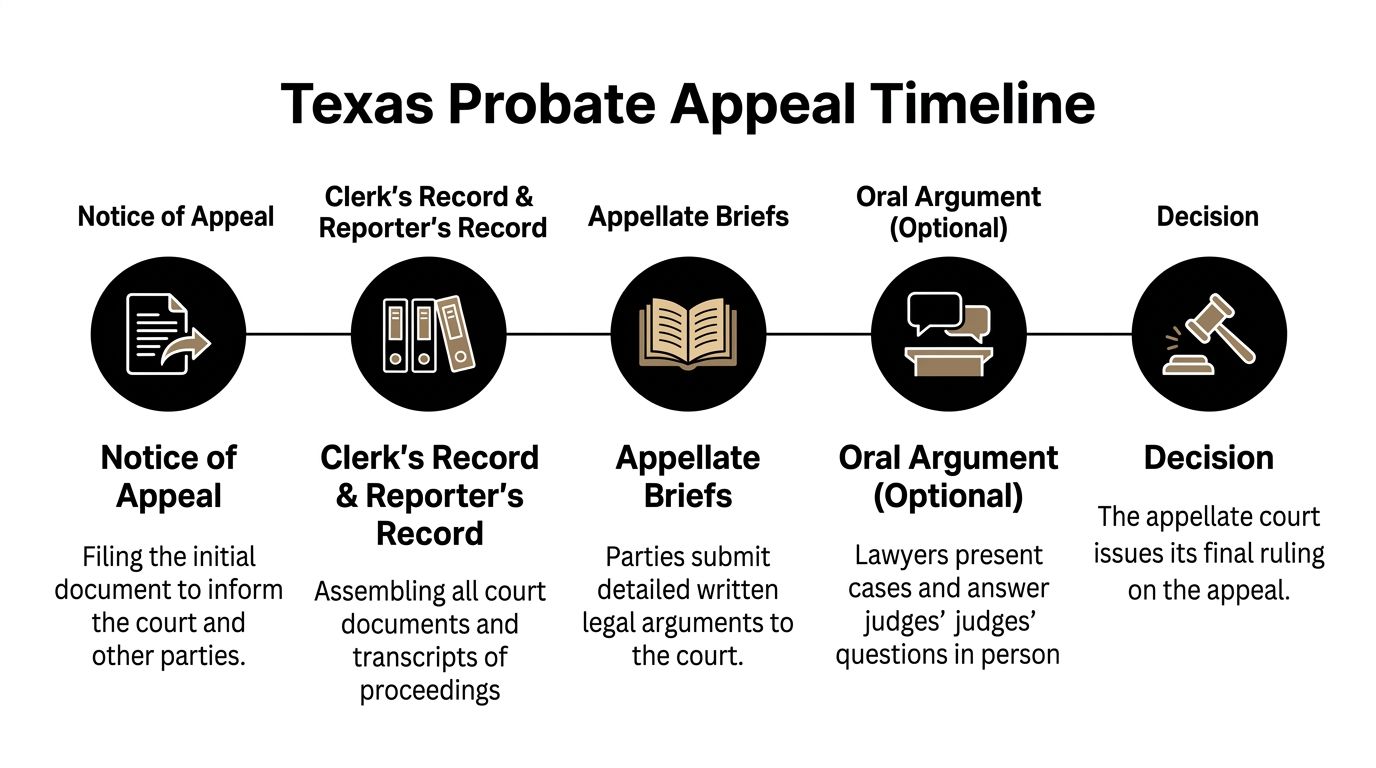 A diagram illustrating the five key steps of the legal Texas probate appeal timeline process.