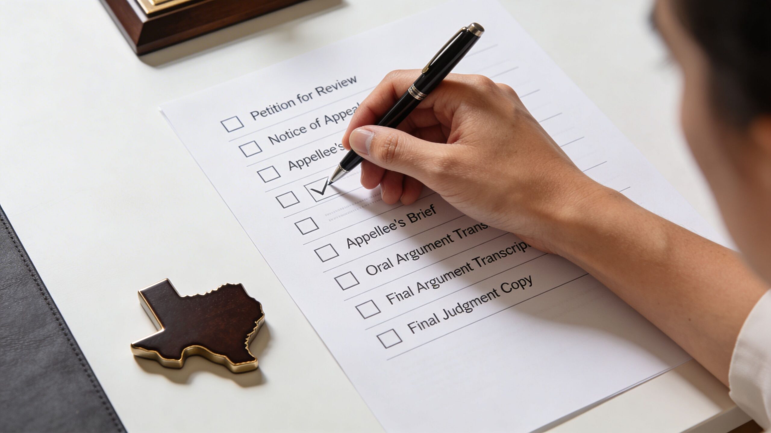 A close-up view of a person checking a box on a legal document with a Texas shape object.