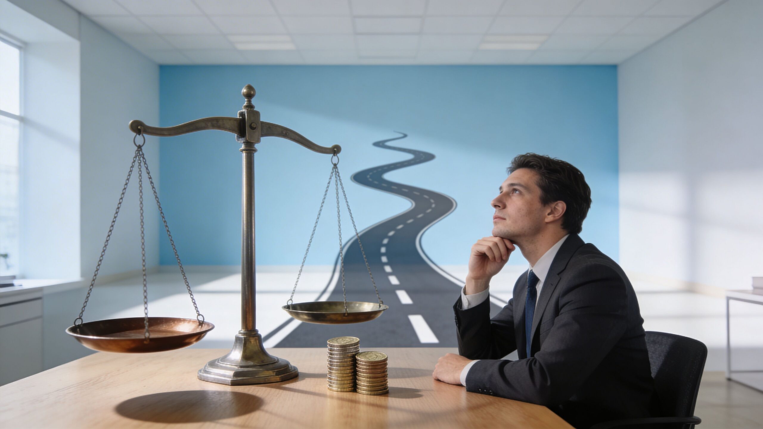 A businessman in a suit contemplates a legal scale and stacks of coins against a road mural.