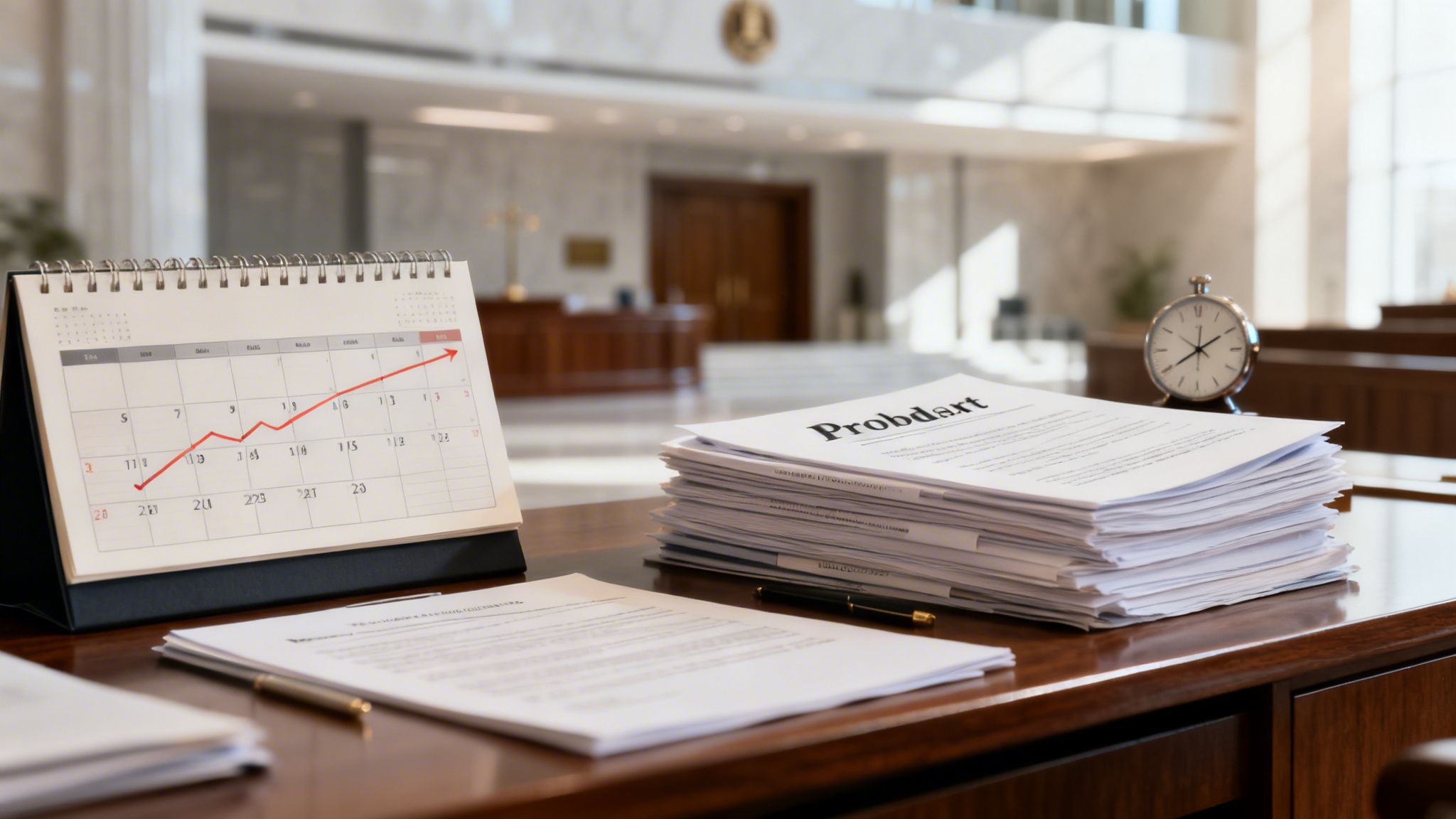 A courtroom desk with a calendar showing an upward trend line, a stack of probate documents, and a clock.