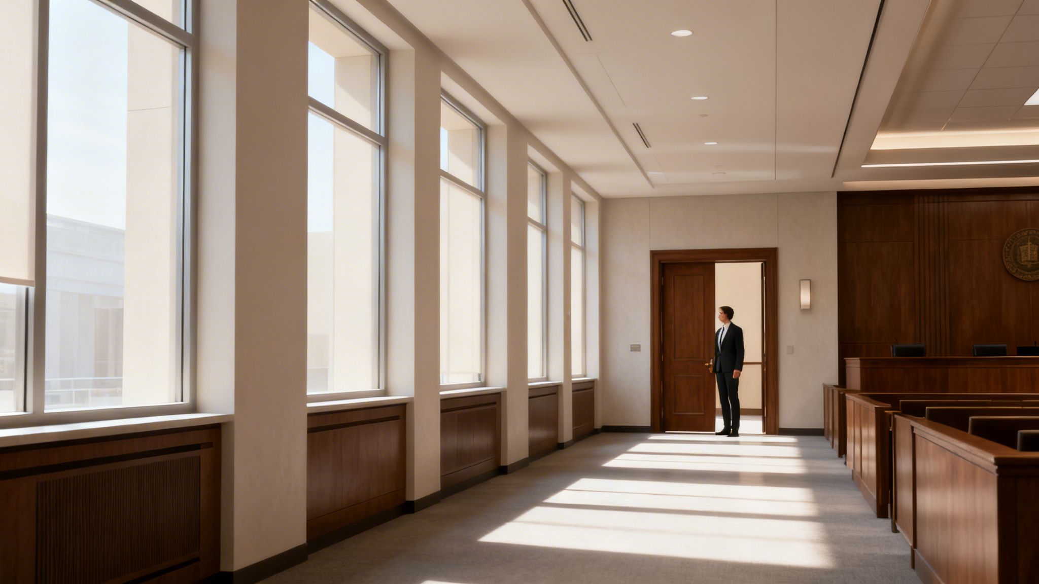 A professional man in a suit standing in the bright hallway of a modern legal courtroom.