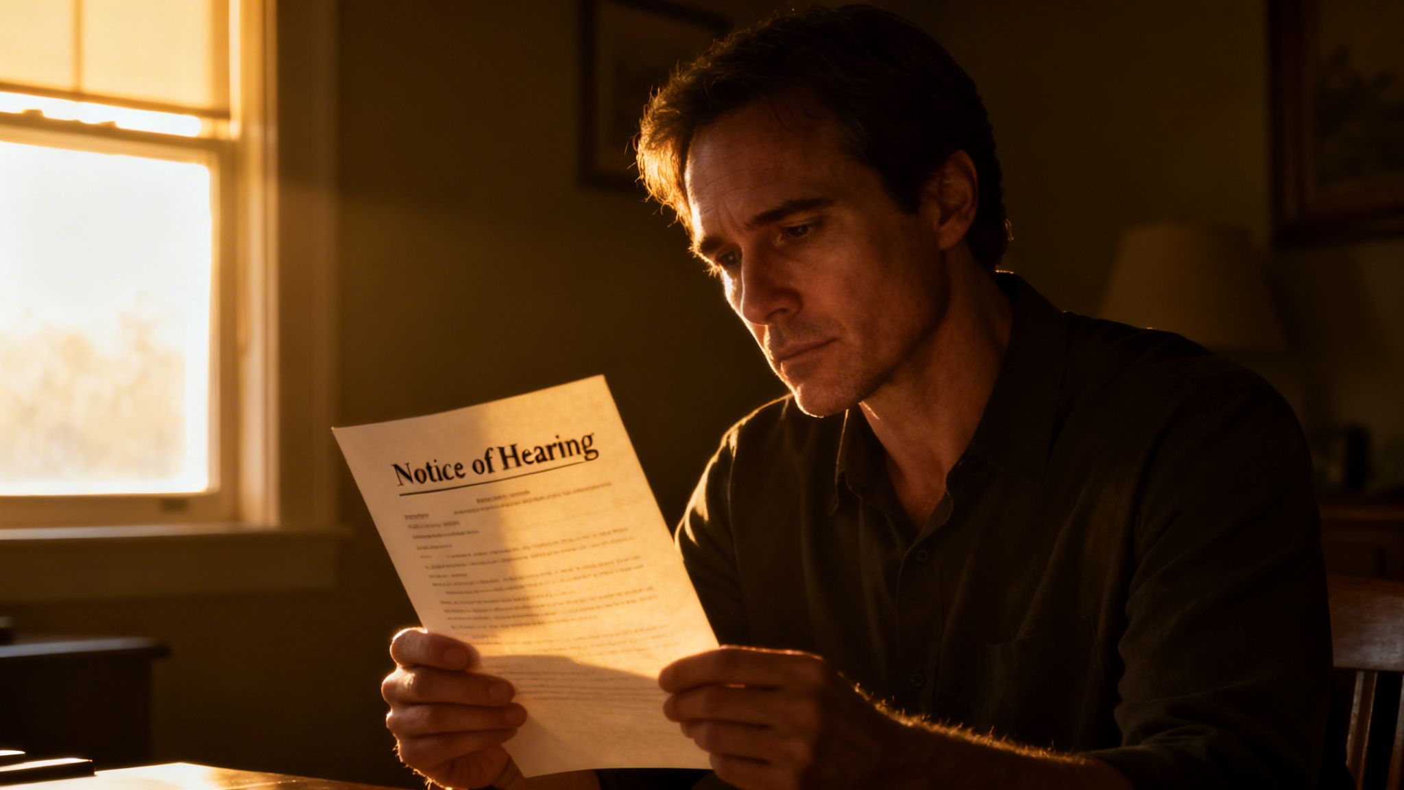 A man looking serious while reading a legal Notice of Hearing document in a dimly lit room.