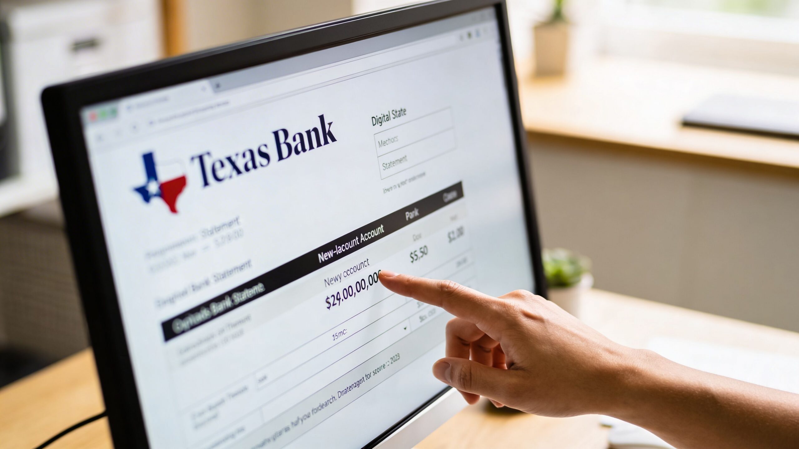 A person pointing at a bank statement display on a computer screen for Texas Bank.