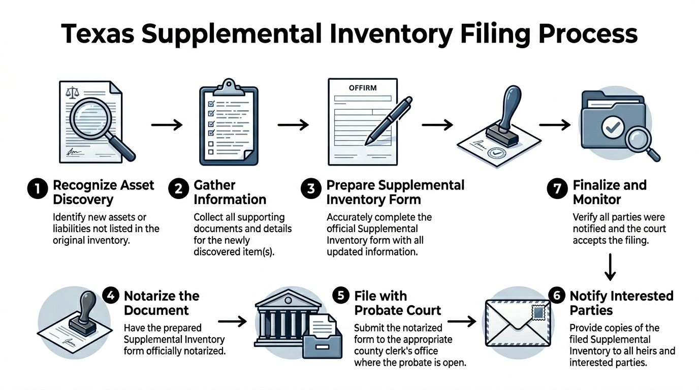 A seven-step process diagram illustrating the filing procedure for a supplemental inventory in Texas probate cases.