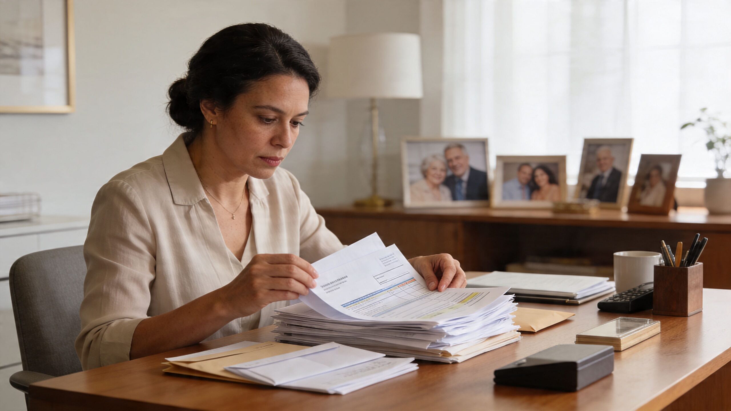 A professional woman reviewing legal documents and probate paperwork at a wooden desk in a home office.