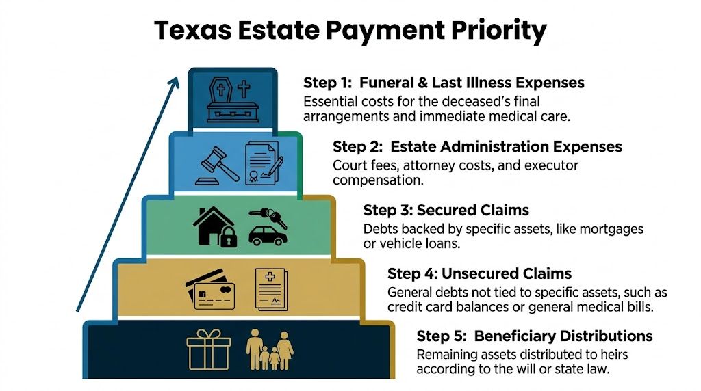 A pyramid infographic showing the priority order for paying debts and distributing assets in Texas probate.