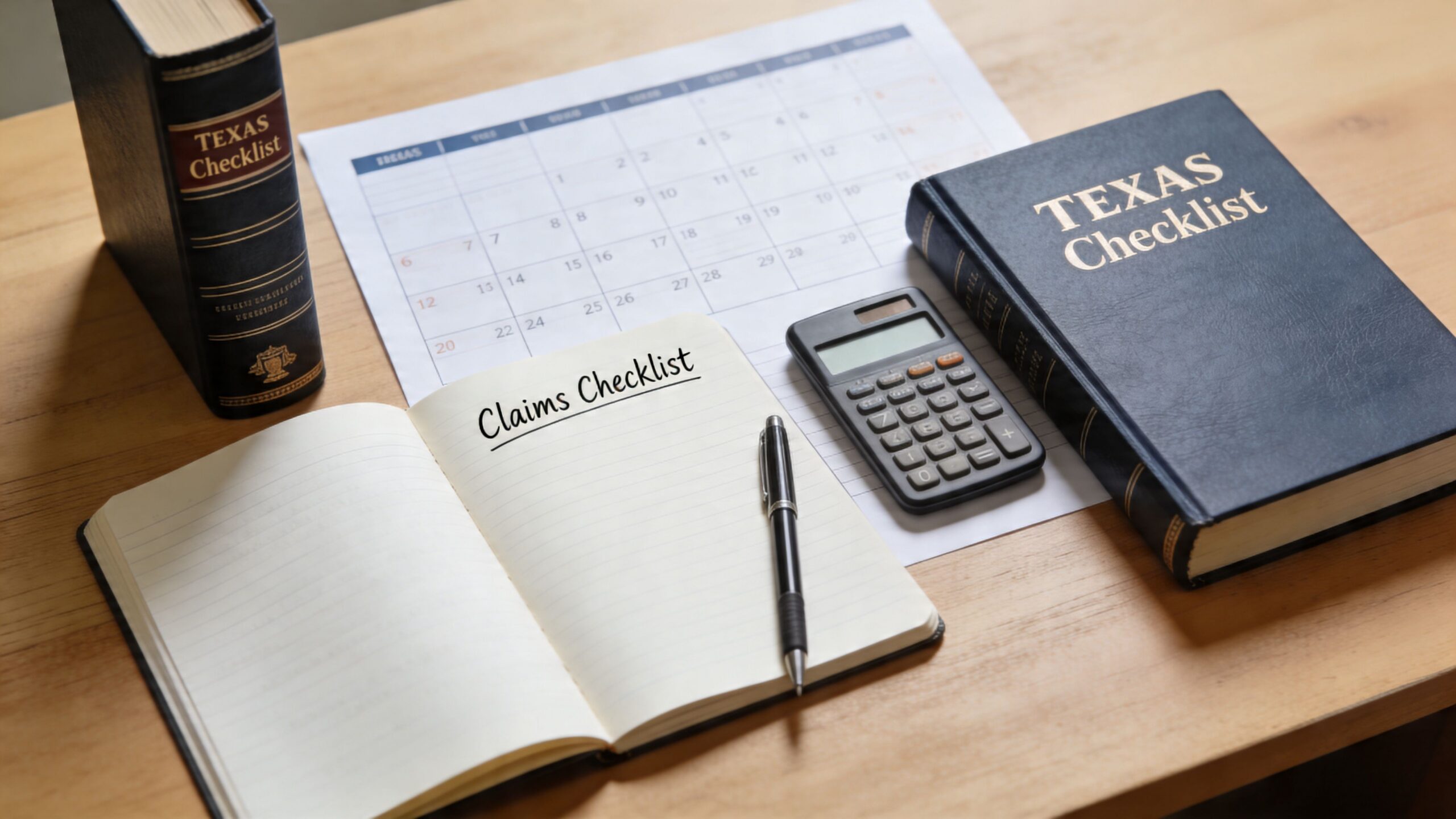 A wooden desk with a Texas Checklist book, a calendar, a calculator, and a blank notebook.