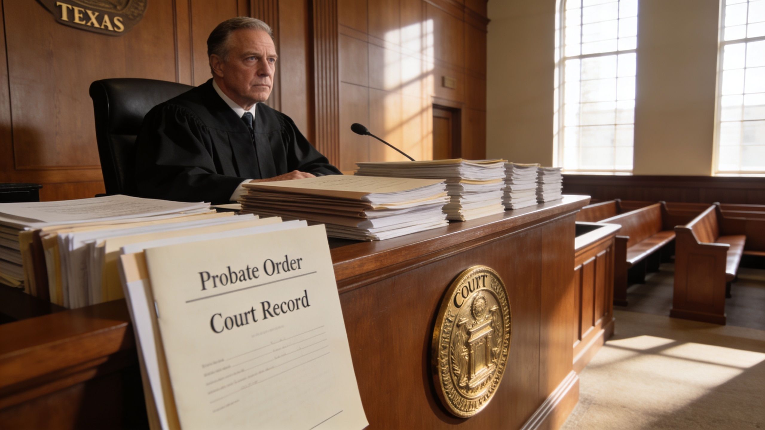 A judge in a black robe sits at a wooden bench in a courtroom filled with probate documents.