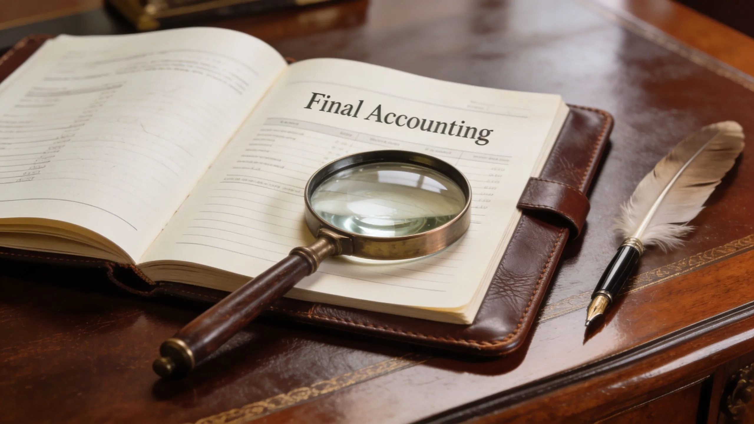 A magnifying glass placed on an open book titled Final Accounting next to a quill pen.