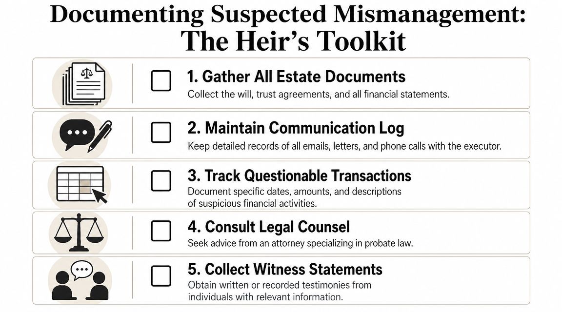 A checklist titled Documenting Suspected Mismanagement: The Heir's Toolkit featuring five essential steps for heirs to follow.