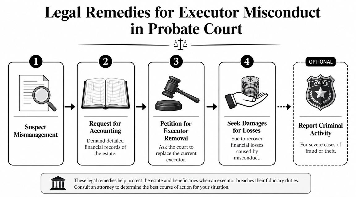 A four-step infographic showing legal remedies for executor misconduct in probate court, plus an optional criminal report.