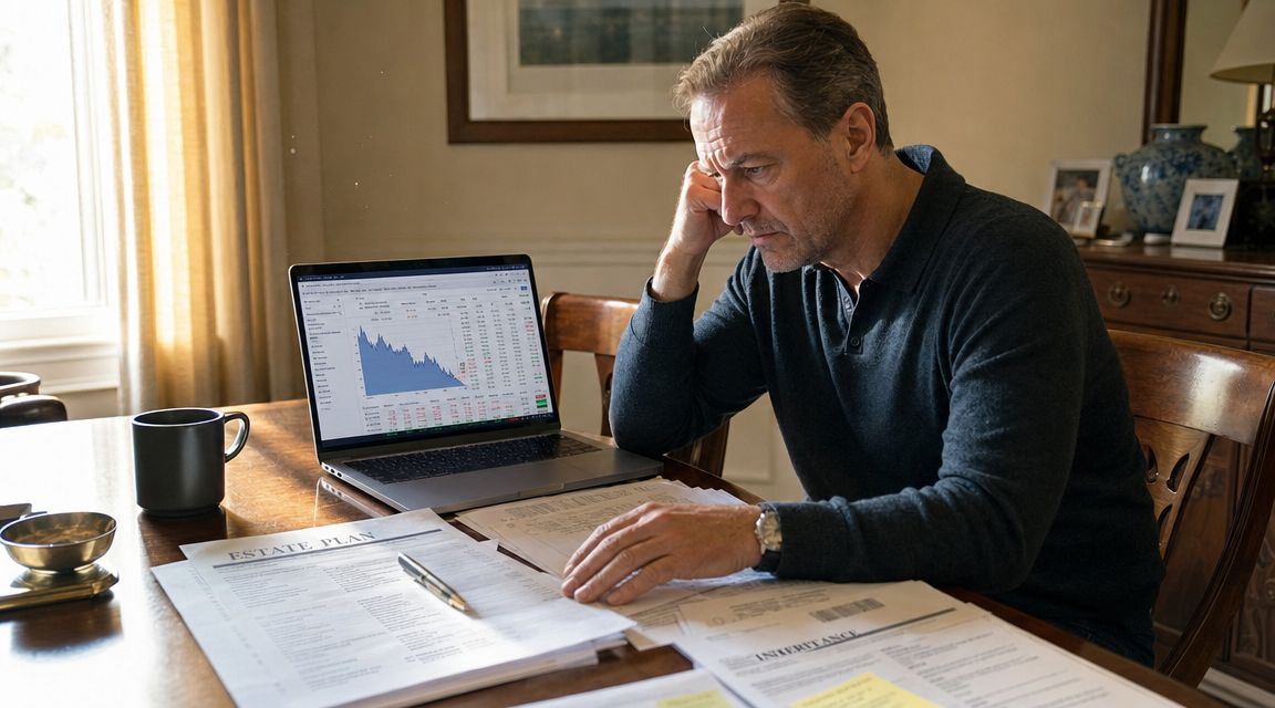 A concerned man reviewing estate planning and inheritance financial documents while looking at a declining stock market graph.
