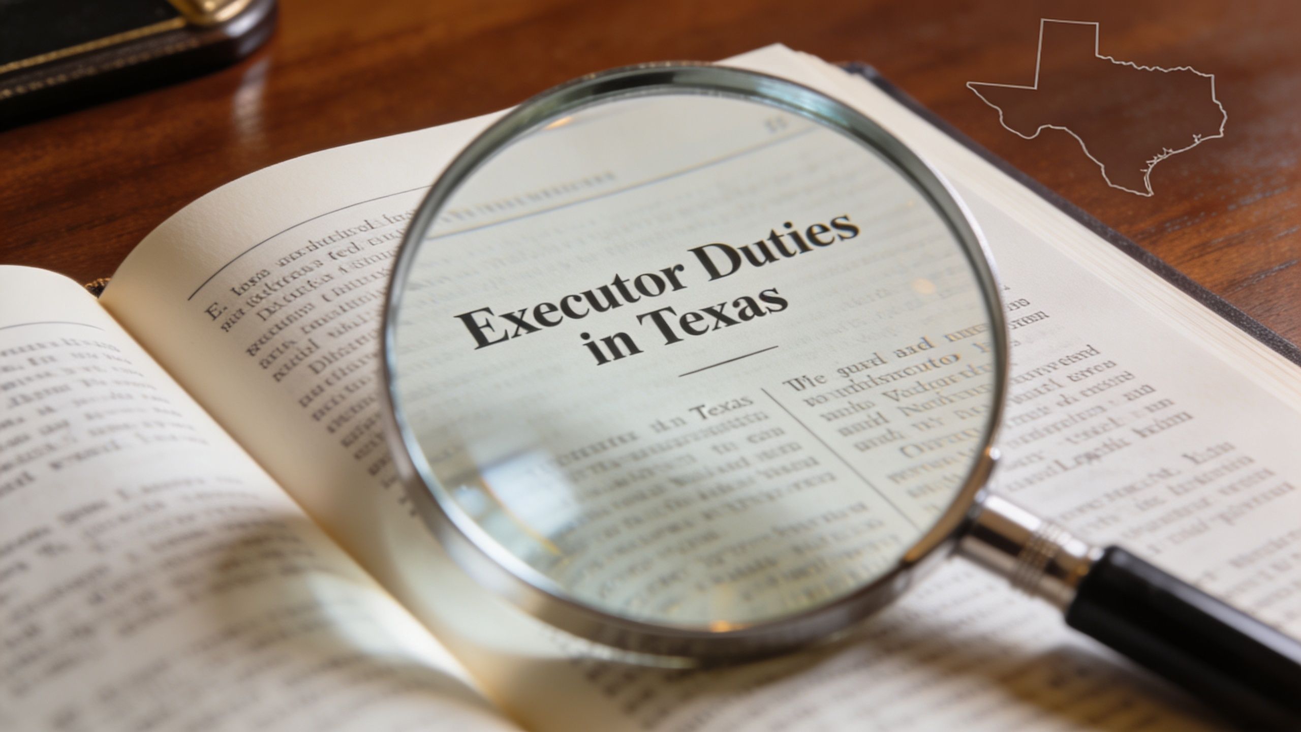 A magnifying glass resting on an open book, highlighting the phrase Executor Duties in Texas.