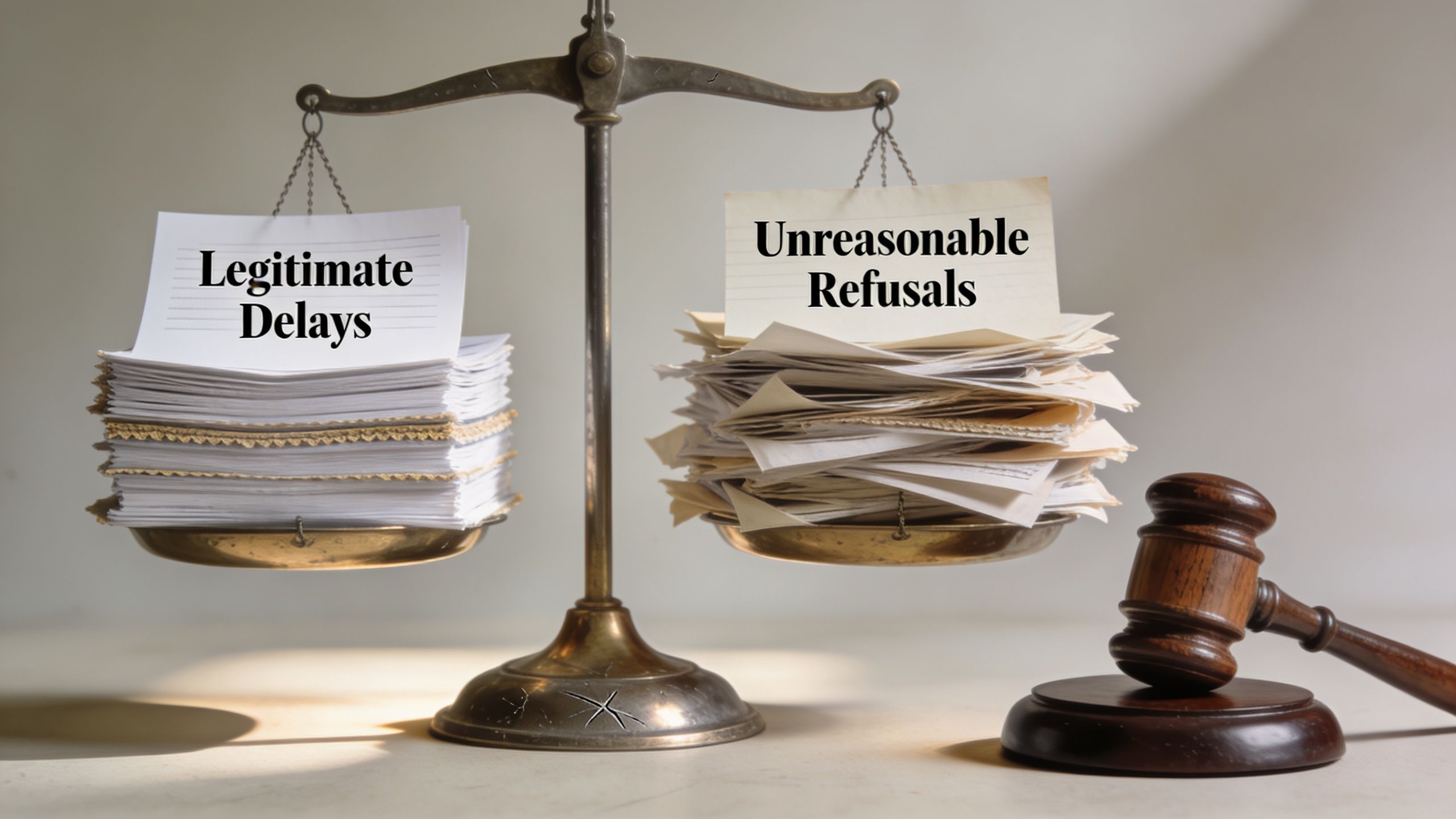 A courtroom scale balancing a stack of legitimate delays against a larger pile of unreasonable refusals.