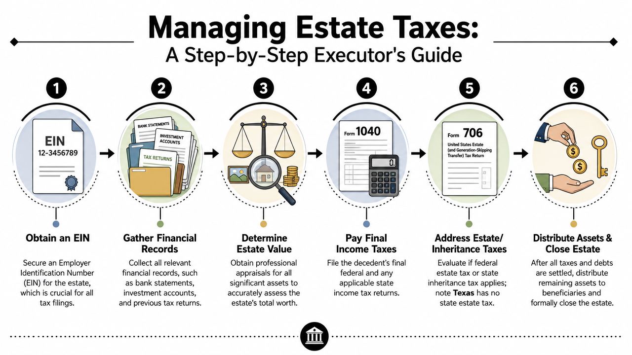 A six-step infographic guide for executors on managing estate taxes during the probate process in Texas.