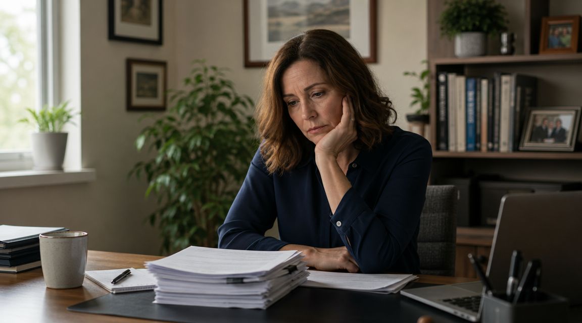 A concerned woman sits at her desk reviewing important probate legal documents in her home office.
