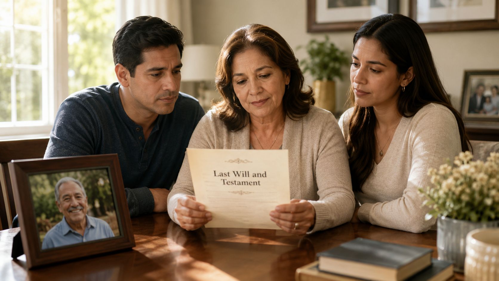 A family gathered around a table looking at a Last Will and Testament document together.