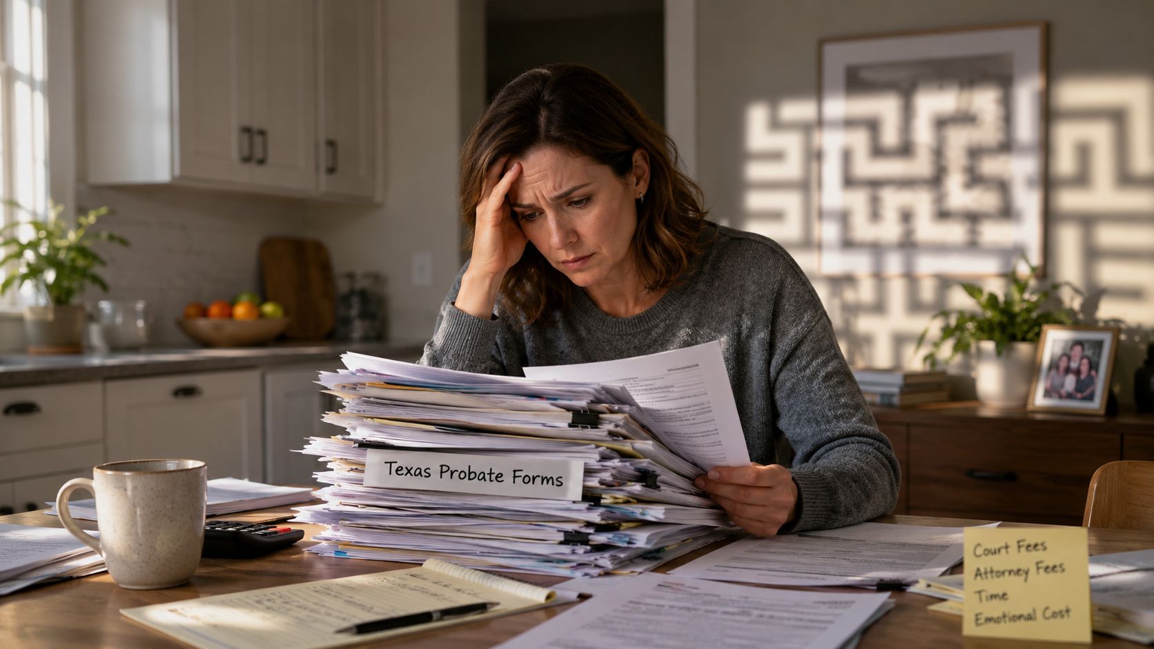 A woman looks stressed and overwhelmed while reviewing a large stack of Texas probate forms at her desk.