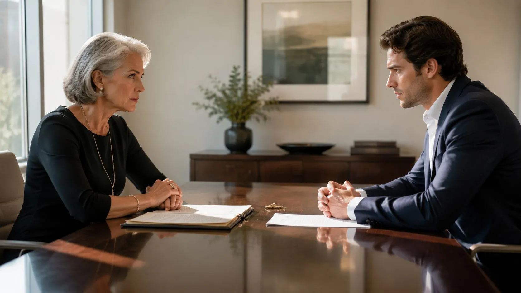 A professional woman and a man in a business suit sitting across from each other at a table.