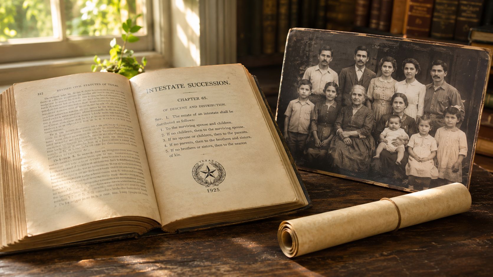 An open legal book on intestate succession in Texas next to an old vintage family photograph.