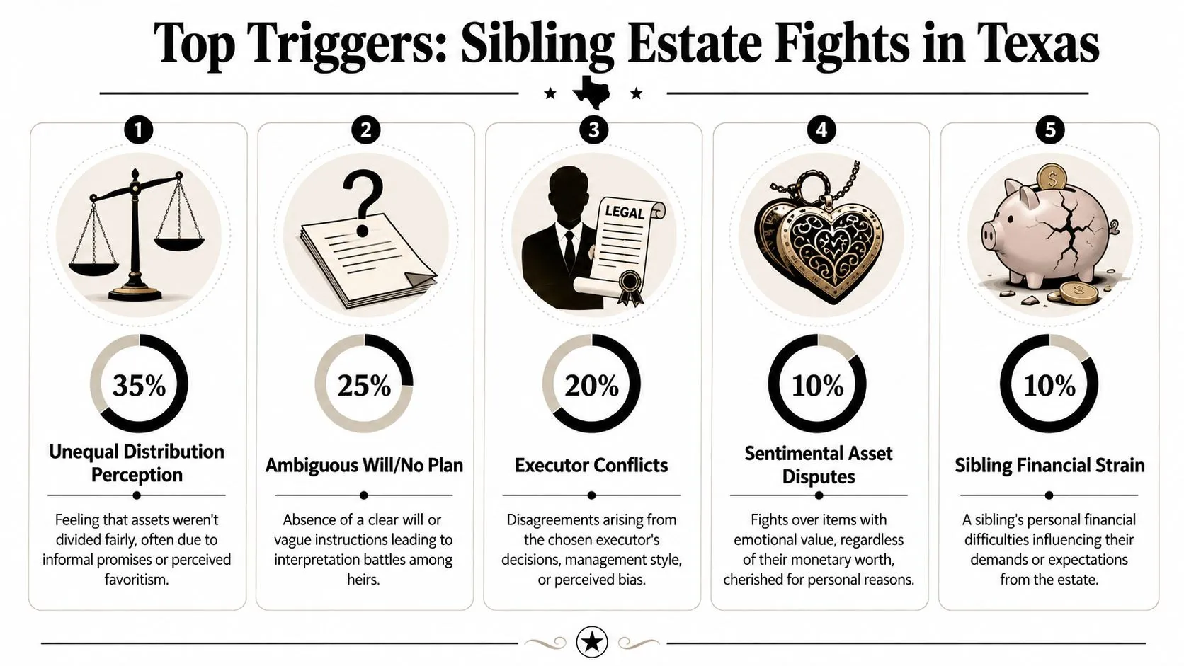 An infographic titled Top Triggers: Sibling Estate Fights in Texas, illustrating five main causes of inheritance disputes.